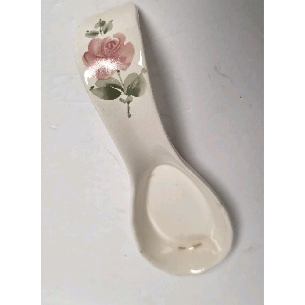 Vintage Ceramic Spoon Rest Shabby Chic Pink Rose Floral Pattern Unmarked 8"